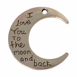 Berlock halvmåne "I love you to the moon and back", antiksilver, 30mm