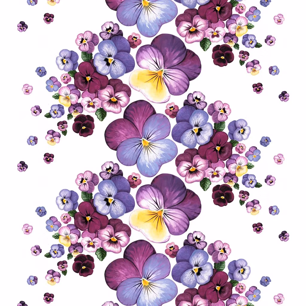 violer i olika lila toner och gröna blad på offwhite botten