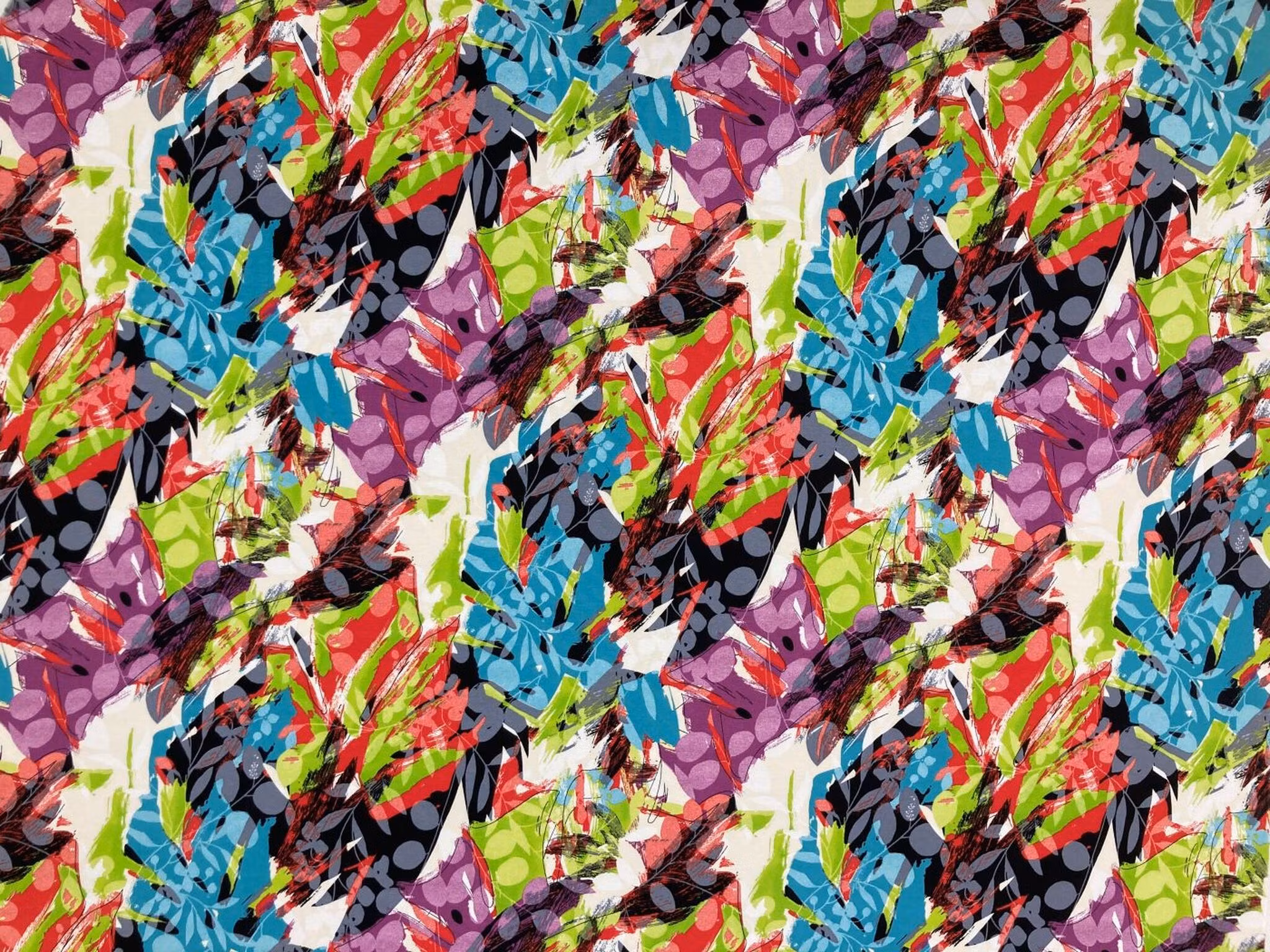 Fusion, färgstark grafiskt mönstrad metervara i lila, turkos, grönt, rött och svart på offwhite botten.
