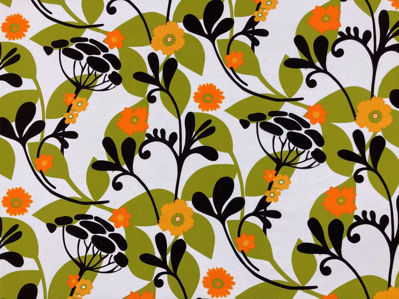 Retroblom loneta med färgstarkt retro blommönster i orange grönt och gult