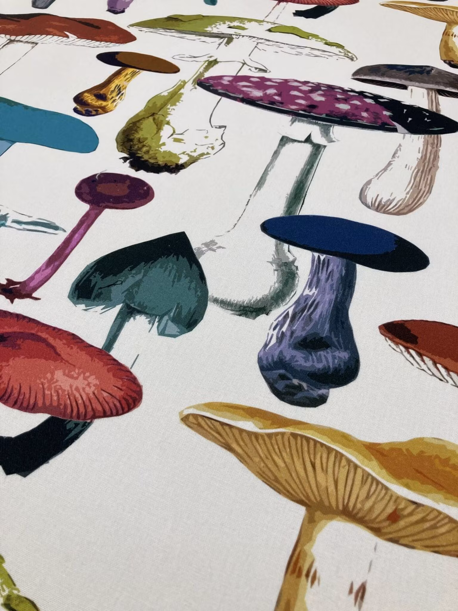 Närbild av Fungi Multi som visar de detaljrika svampmotiven och den mjuka, lätt luggade ytan.