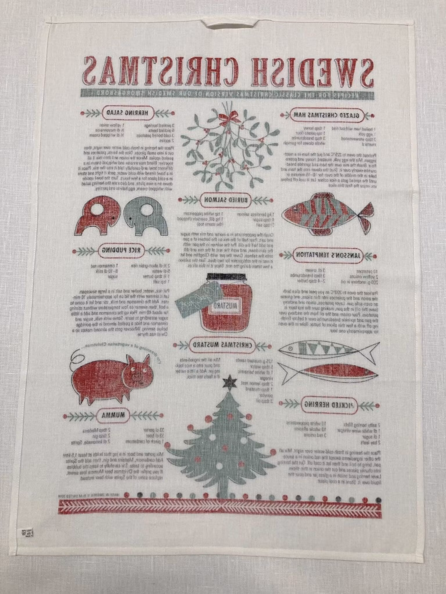 Baksida på Swedish Christmas kökshandduk med hank för upphängning
