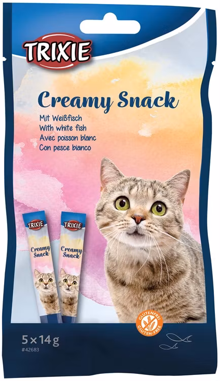 Creamy Snacks till katt. Med vitfisk, 5 × 14 g