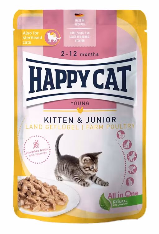 HappyCat våt/sås, Kitten/Jun. fågel, 85 g