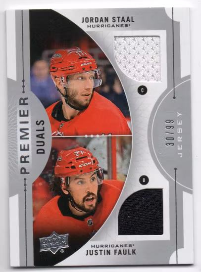 2017-18 Upper Deck Premier Premier Duals Jerseys #PD2SF Jordan Staal Justin Faulk (40-X88-HURRICANES)