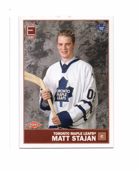 2003-04 Pacific Exhibit #138 Matt Stajan RC (10-X285-MAPLE LEAFS)