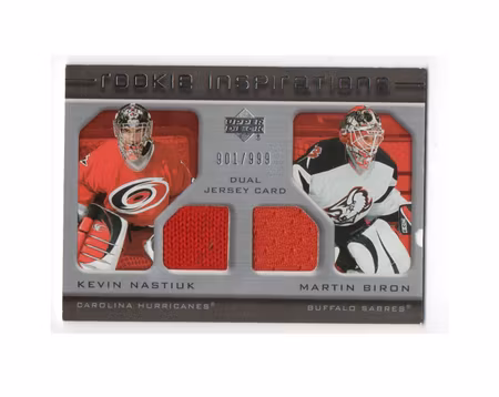 2005-06 Upper Deck Rookie Update #201 Kevin Nastiuk JSY RC Martin Biron JSY (30-X208-HURRICANES+SABRES)