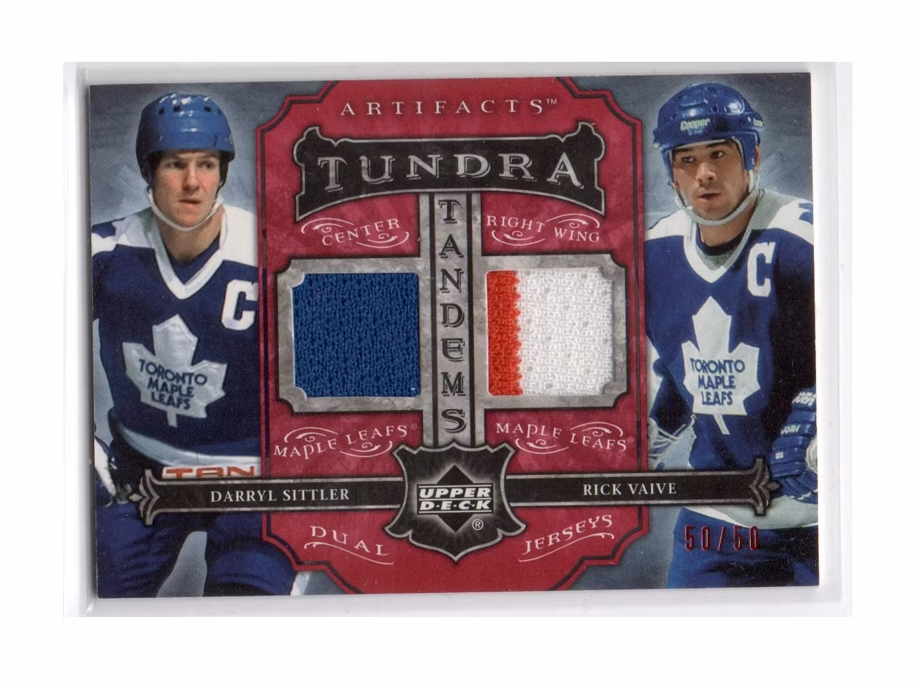 2006-07 Artifacts Tundra Tandems Red #TTSV Darryl Sittler Rick Vaive (50-X157-GAMEUSED-SERIAL-MAPLE LEAFS)