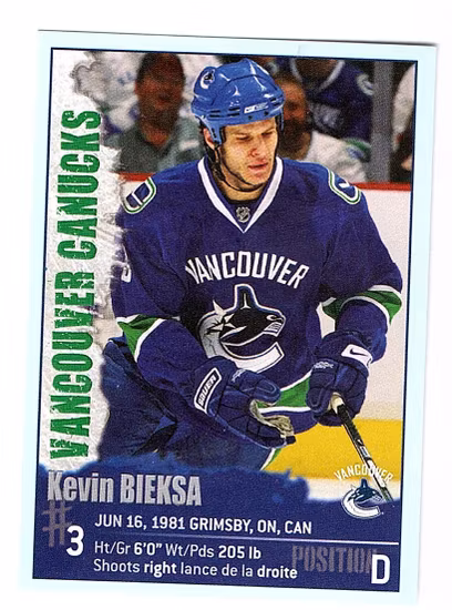 2009-10 Panini Stickers #306 Kevin Bieksa (5-X129-CANUCKS)