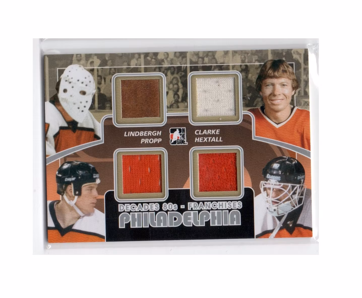 2010-11 ITG Decades 1980s Franchise Jerseys Silver #F13 Pelle Lindbergh Bobby Clarke Brian Propp Ron Hextall (500-X199-FLYERS)