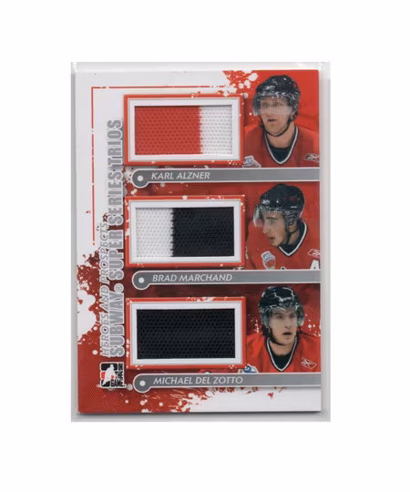 2011-12 ITG Heroes and Prospects Subway Series Trios Jerseys Silver #SST18 Karl Alzner Brad Marchand Michael Del Zotto (100-X222-CAPITALS+BRUINS)