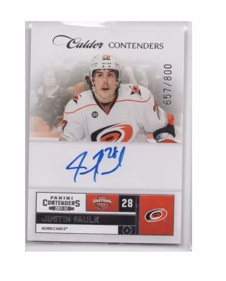 2011-12 Panini Contenders #205 Justin Faulk AU RC (40-X249-HURRICANES)