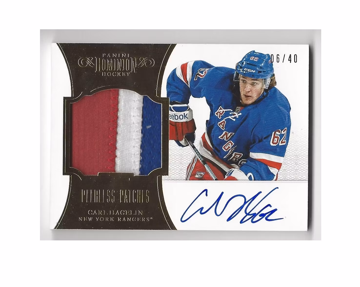 2012-13 Dominion Peerless Patches Autographs #35 Carl Hagelin (300-X250-RANGERS)