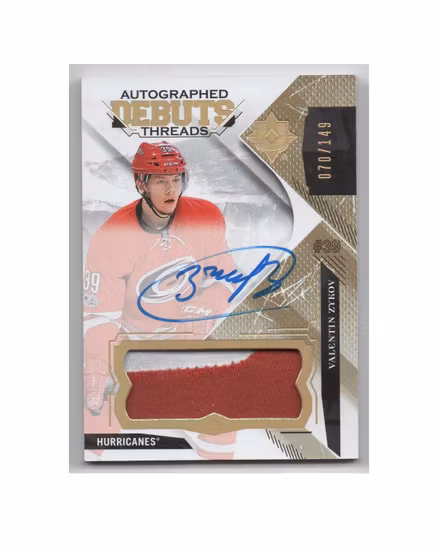 2017-18 Ultimate Collection Debut Threads Patch Autographs #DTAVZ Valentin Zykov (150-X210-HURRICANES)