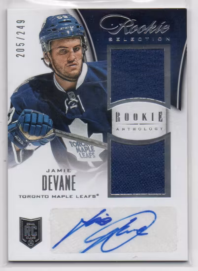 2013-14 Panini Rookie Anthology #184 Jamie Devane JSY AU RC (30-X349-MAPLE LEAFS)