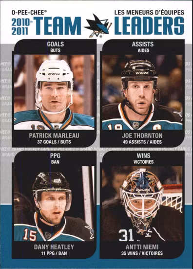 2011-12 O-Pee-Chee Team Leaders #TL25 Patrick Marleau Joe Thornton Dany Heatley Antti Niemi (12-414x4-SHARKS)