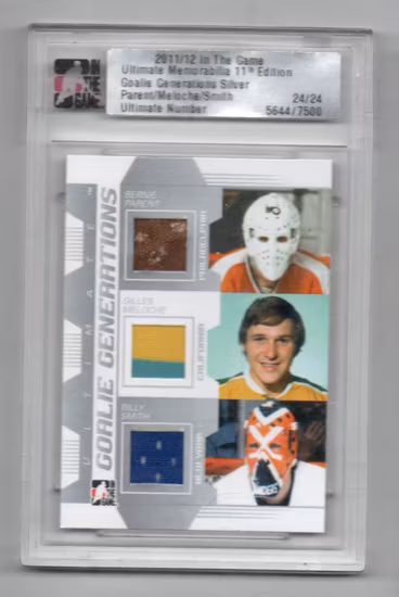 2011-12 ITG Ultimate Memorabilia Goalie Generations Memorabilia #8 Bernie Parent Gilles Meloche Billy Smith (400-HIGHEND-ISLANDERS+FLYERS)