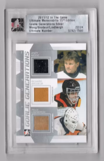 2011-12 ITG Ultimate Memorabilia Goalie Generations Memorabilia #6 Andy Moog Richard Brodeur Pelle Lindbergh (1000-HIGHEND-FLYERS+CANUCKS+BRUINS)