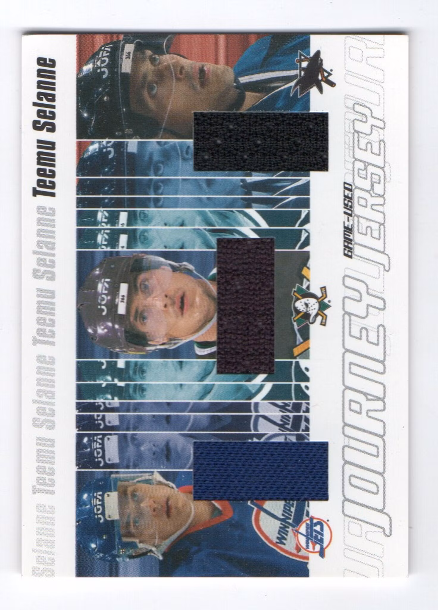 2001-02 BAP Ultimate Memorabilia Journey Jerseys #13 Teemu Selanne (250-Q12-NHLJETS+DUCKS+SHARKS)