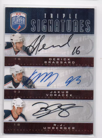 2009-10 Be A Player Signatures Trios #S3UBV Derick Brassard Jakub Voracek R.J. Umberger (80-B6-BLUEJACKETS)