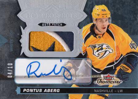 2016-17 Fleer Showcase Hot Prospects Autograph Patches White Hot #158 Pontus Aberg (500-SHOWCASE-PREDATORS)