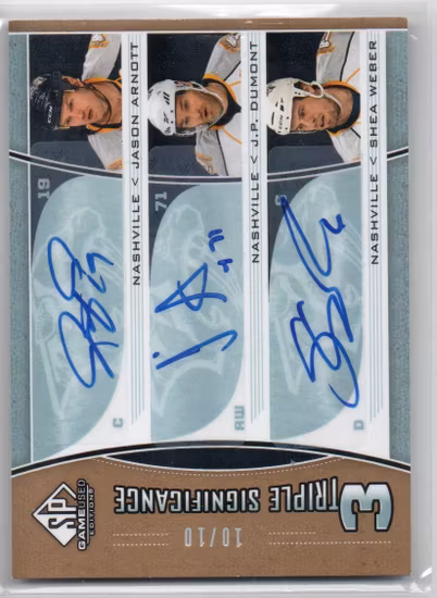 2009-10 SP Game Used Triple SIGnificance #TSGNSH Jason Arnott J.P. Dumont Shea Weber (400-S9-PREDATORS)