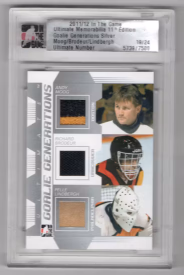 2011-12 ITG Ultimate Memorabilia Goalie Generations Memorabilia #6 Andy Moog Richard Brodeur Pelle Lindbergh (1000-HIGHEND-CANUCKS+BRUINS+FLYERS)