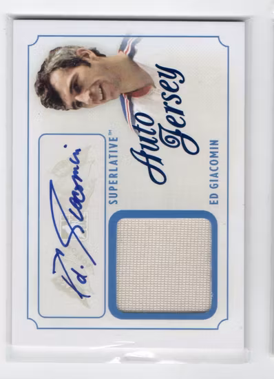 2013-14 ITG Superlative The First Six Jerseys Autographs #AJEG Ed Giacomin (400-T11-RANGERS)