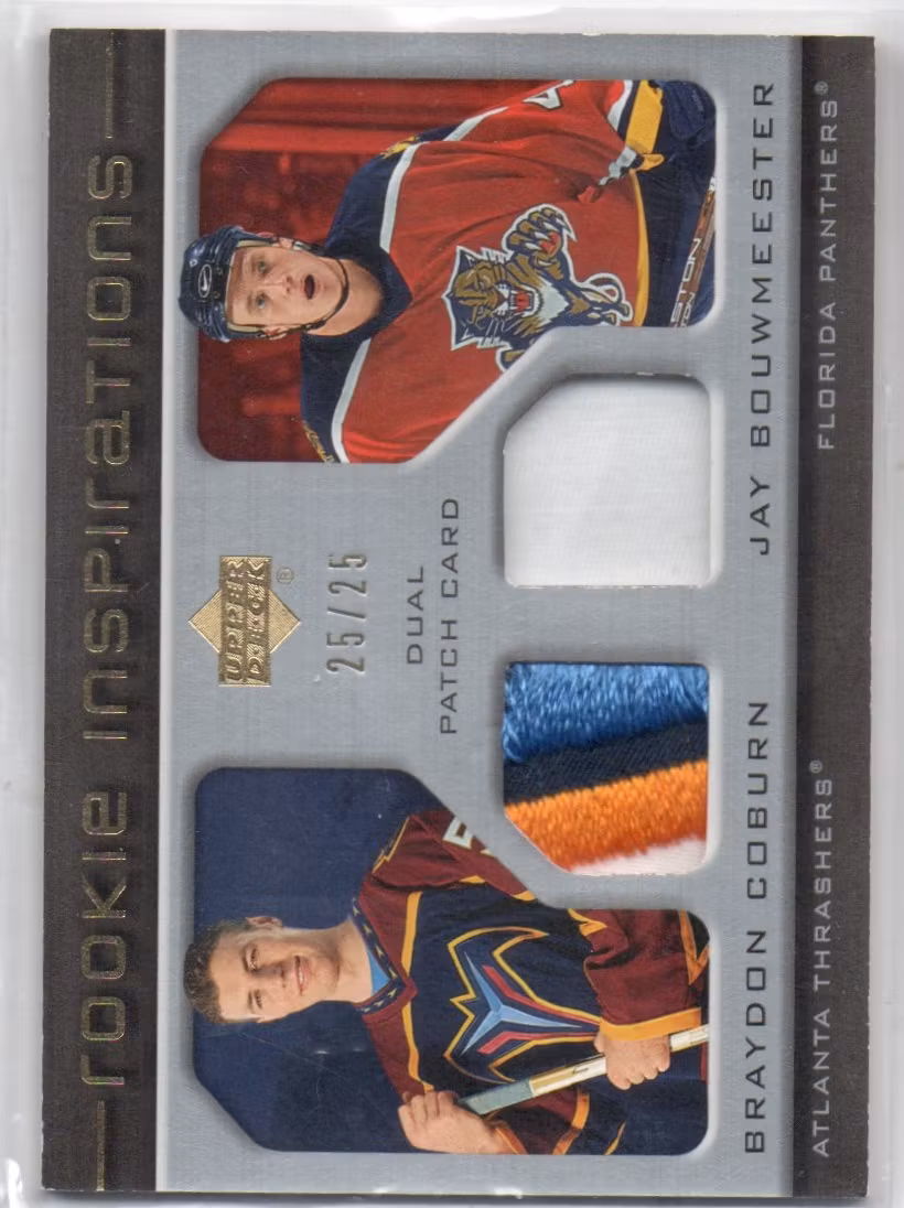 2005-06 Upper Deck Rookie Update Inspirations Patch Rookies #196 Braydon Coburn Jay Bouwmeester (150-FF6-NHLTHRASHERS+NHLPANTHERS) (JOKA)