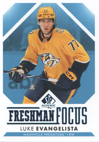 2023-24 SP Authentic Freshman Focus Blue #FF10 Luke Evangelista (30-JJ5-NHLPREDATORS)