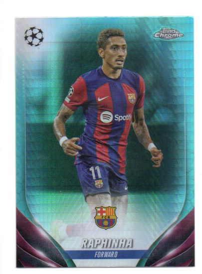 2023-24 Topps Chrome UEFA Club Competitions Aqua Prism Refractors #76 Raphinha (25-JJ2-BARCELONA)