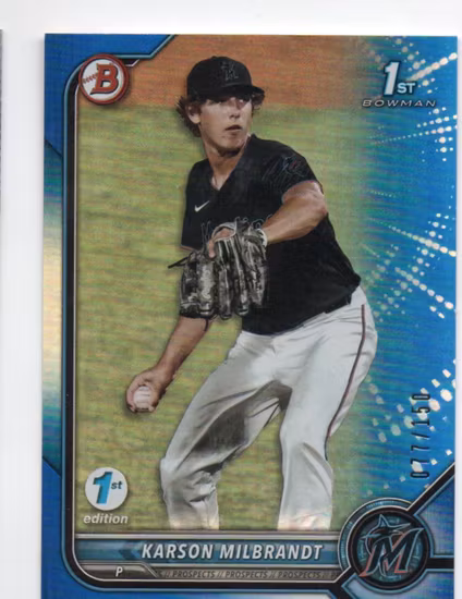 2022 Bowman Draft 1st Edition Blue Foil #BD87 Karson Milbrandt (25-KK7-MLBMARLINS)
