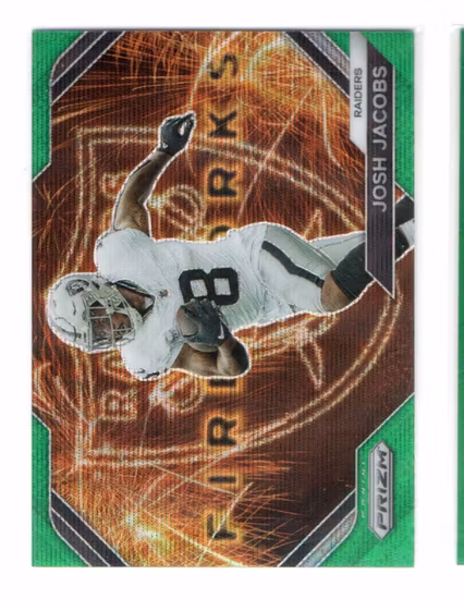 2023 Panini Prizm Fireworks Prizms Green Wave #17 Josh Jacobs (20-LL12-NFLRAIDERS)