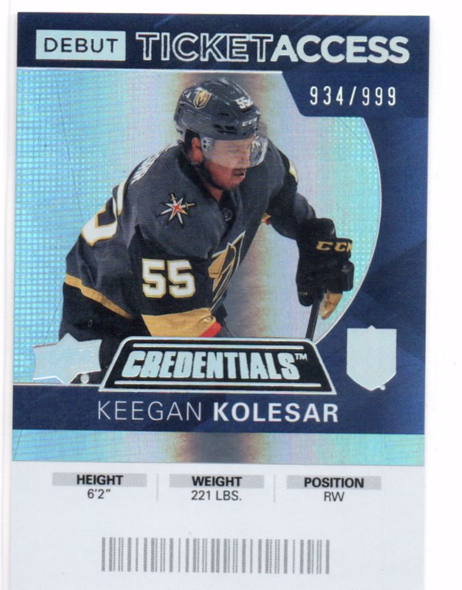 2020-21 Upper Deck Credentials #66 Keegan Kolesar XRC (15-PP14-NHLGOLDENKNIGHTS)