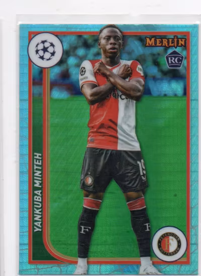 2023-24 Merlin UEFA Club Competitions Aqua Prism Refractors #56 Yankuba Minteh (25-MM15-FEYENOORD)