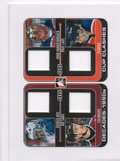 2013-14 ITG Decades 1990s Cup Clashes Quad Jerseys Black Preproduction #CC07 Patrick Roy Joe Sakic John Vanbiesbrouck Paul Laus (20-OO12-NHLAVALANCHE+NHLPANTHERS)