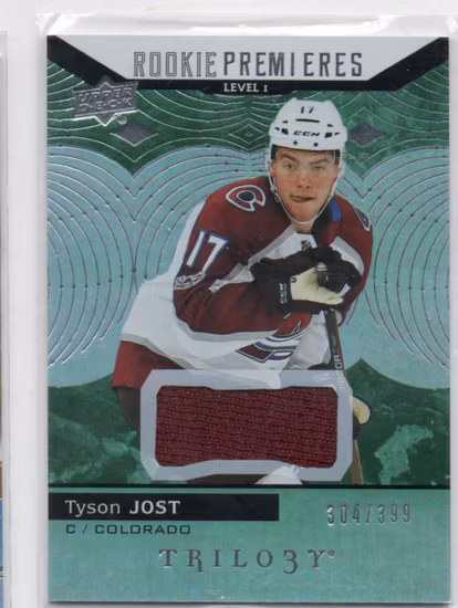 2017-18 Upper Deck Trilogy Green #73 Tyson Jost JSY (60-RR6-NHLAVALANCHE)