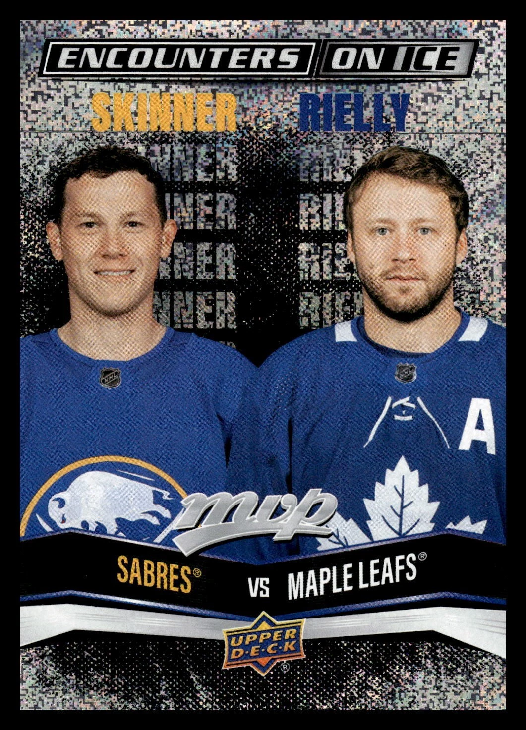 2022-23 Upper Deck MVP Encounters on Ice #EI12 Jeff Skinner/Morgan Rielly (UU8-NHLSABRES+MAPLELEAFS)