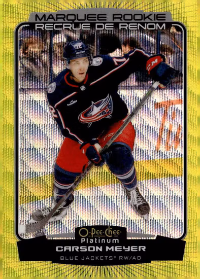 2022-23 O-Pee-Chee Platinum Neon Yellow Surge #249 Carson Meyer (UU10-NHLBLUEJACKETS)