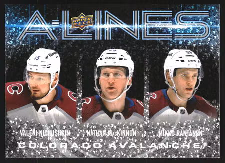 2024-25 Upper Deck A-Lines #AL8 Valeri Nichushkin/Nathan MacKinnon/Mikko Rantanen (VV12-NHLAVALANCHE)