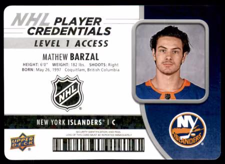 2018-19 Upper Deck MVP NHL Player Credentials Level 1 Access #NHLMB Mathew Barzal (VV12-NHLISLANDERS)