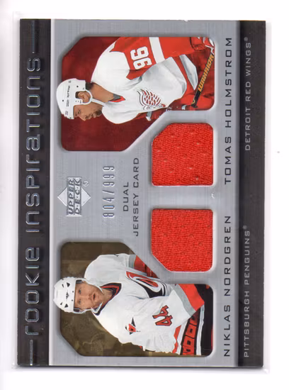 2005-06 Upper Deck Rookie Update #252 Niklas Nordgren JSY RC Tomas Holmstrom JSY (40-SS1-NHLHURRICANES+NHLREDWINGS)