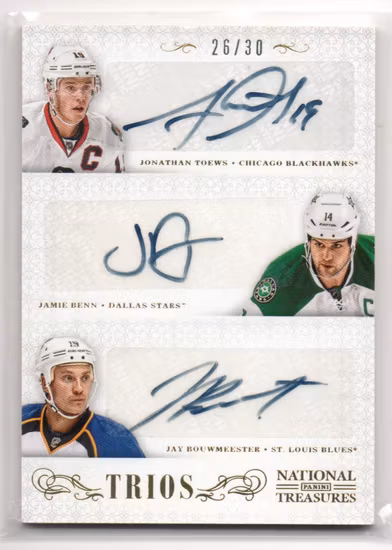 2013-14 Panini National Treasures Trio Autographs #22 Jamie Benn Jay Bouwmeester Jonathan Toews (400-SS6-NHLBLACKHAWKS+NHLBLUES+NHLSTARS)