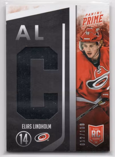2013-14 Panini Prime Dual Rookie Class '14 Jerseys #14EL Elias Lindholm (60-OO6-NHLHURRICANES)