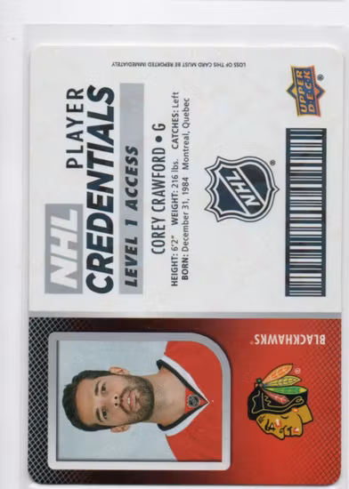 2017-18 Upper Deck MVP NHL Player Credentials Level 1 Access #NHLCC Corey Crawford (15-RR15-NHLBLACKHAWKS)