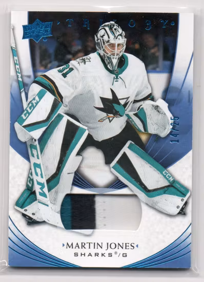 2020-21 Upper Deck Trilogy Blue #16 Martin Jones JSY (200-SS6-NHLSHARKS)