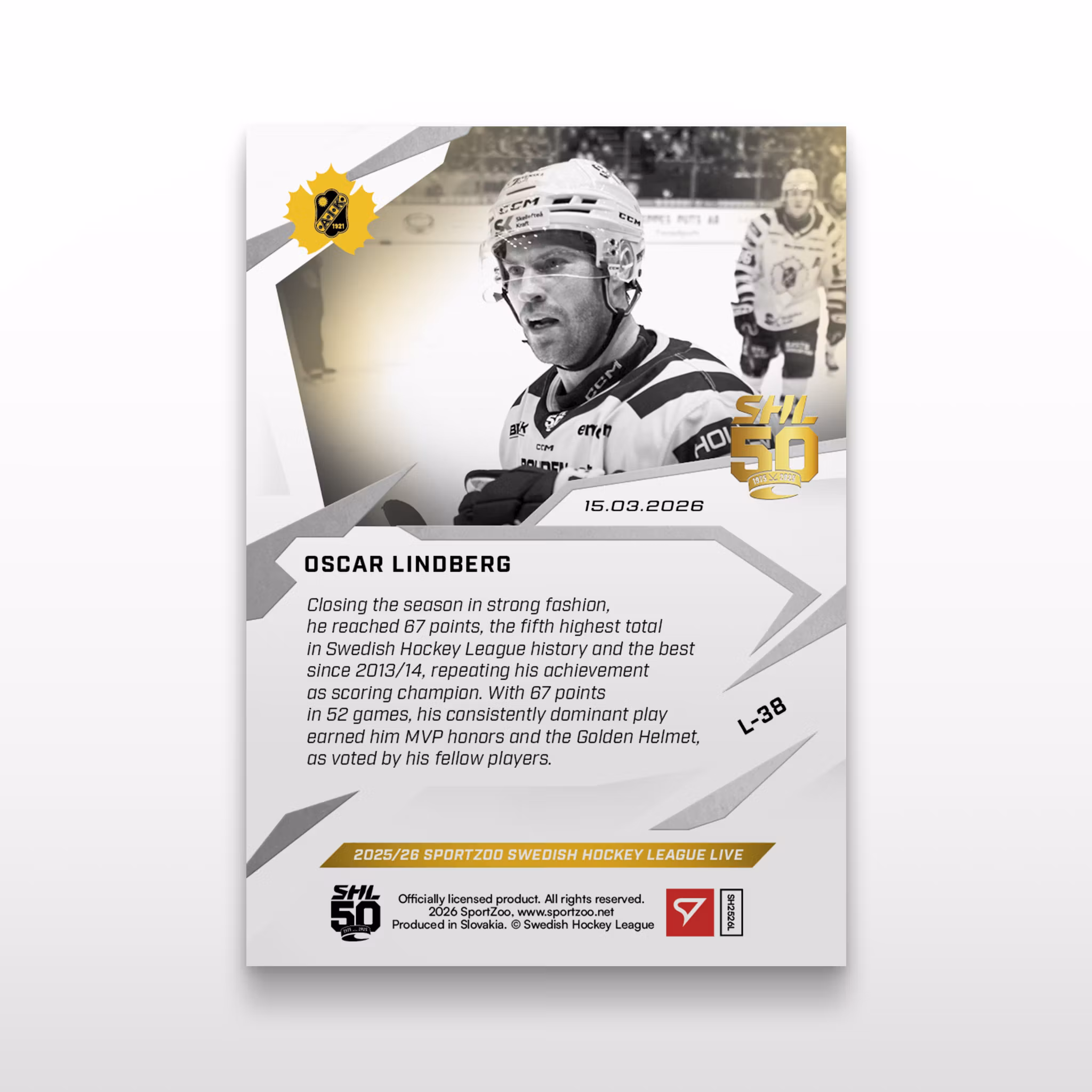 2025-26 Sportzoo SHL Live Series 2 #L-38 OSCAR LINDBERG