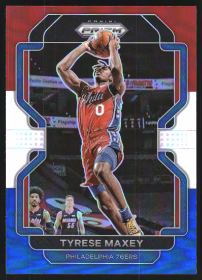 2021-22 Panini Prizm Prizms Red White and Blue #28 Tyrese Maxey (15-S15-NBA76ERS)