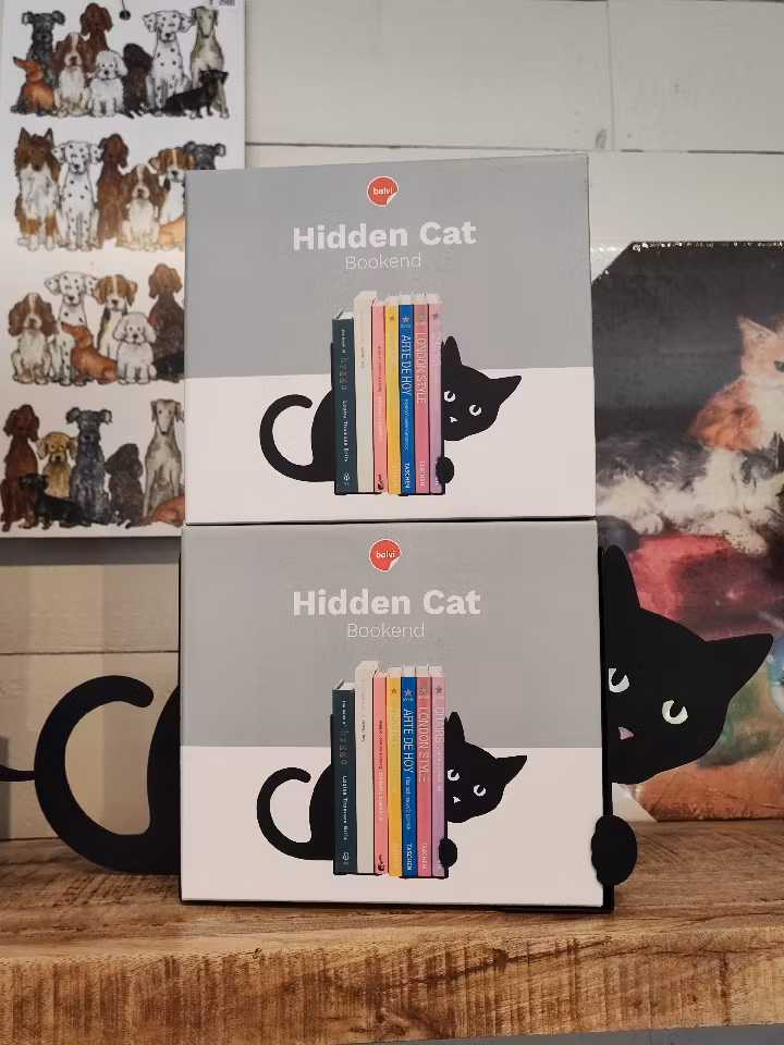Bokstöd, katt i plåt