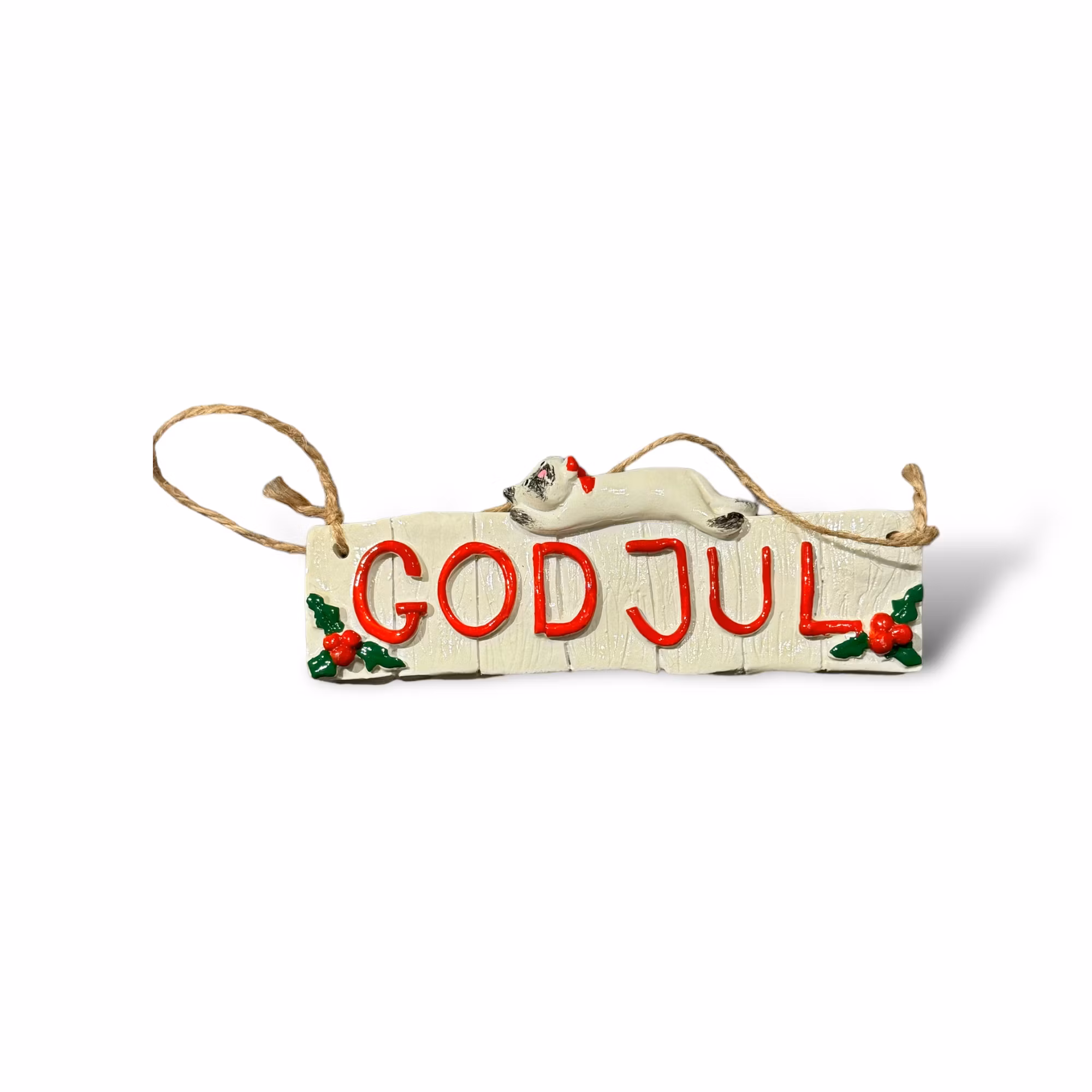 GOD JUL skylt, gräddvit katt